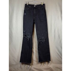 Zara Jeans Distressed Wide Leg High Rise Ripped Raw Hem Black Denim Grunge 8